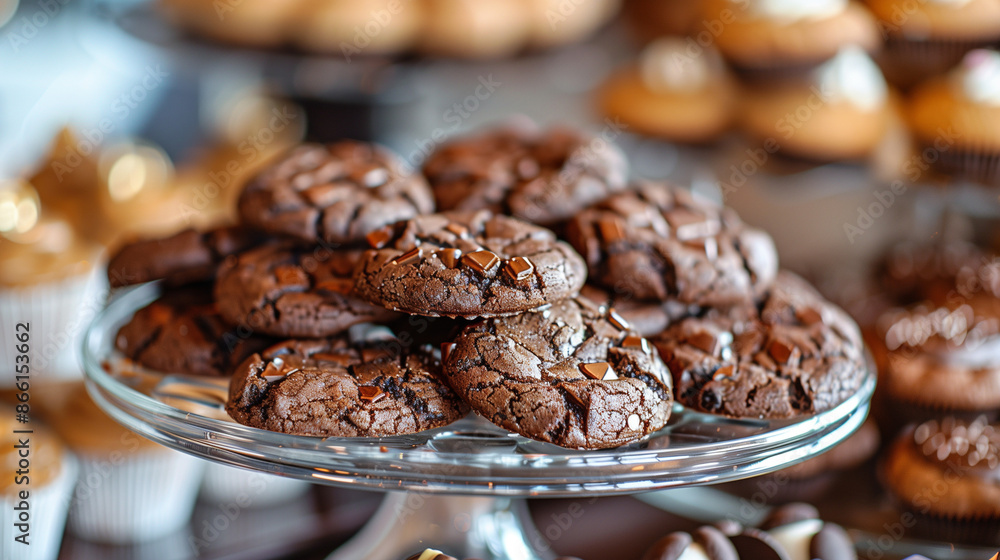 Cookies made with chocolate arranged on a table for an event Cookies made with chocolate arranged on a table for an event