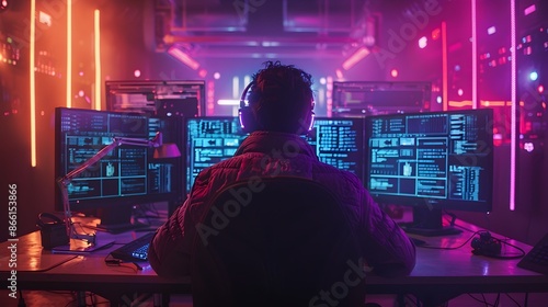 Hacker Working in a Dark Room with Vibrant Neon Lights and Multiple Data Filled Screens © Thares2020