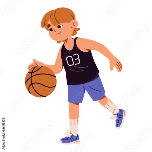 Cute boy plays basketball. Happy kid, young athlete dribbling ball with hand. Child basket player in uniform training does professional sport. Flat isolated vector illustration on white background