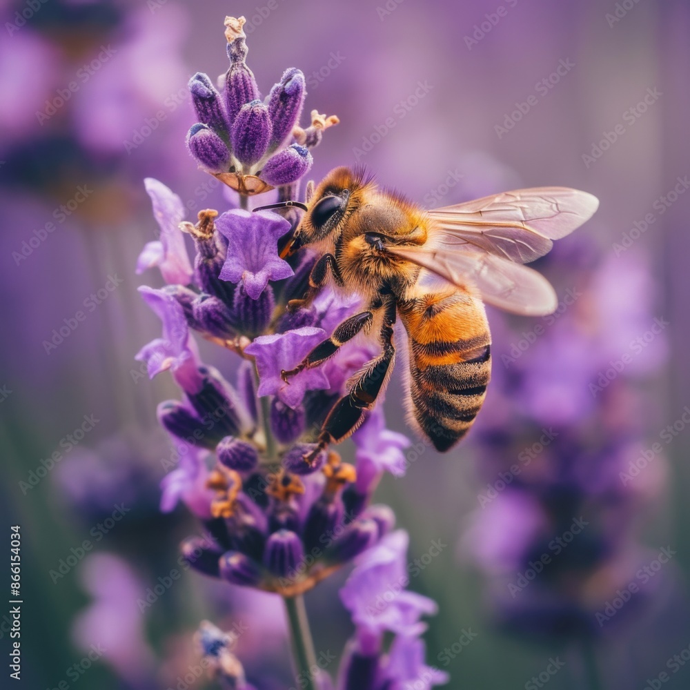 Tranquil Bee on Lavender Stem with Soft Purple Floral Background - Perfect for Botanical Concepts Tranquil Bee on Lavender Stem with Soft Purple Floral Background - Perfect for Botanical Concepts
