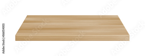 Wooden table surface perspective view. Vector realistic light brown plank tabletop isolated on white background. 3d interior design element. Wood board top, timber board shelf for mock up, design.
