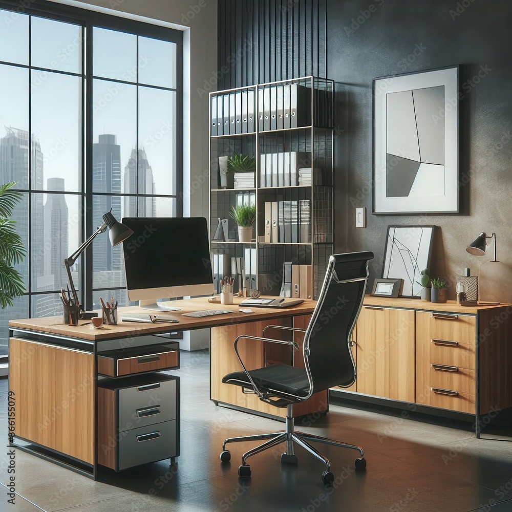 Manager's workplace in a modern office in a new building equipped with modern furniture, desk, computer, window and a large picture on the wall - AI picture