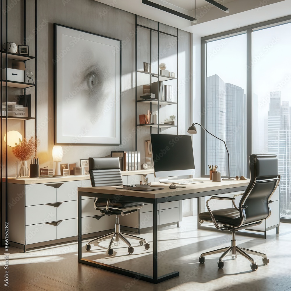 Manager's workplace in a modern office in a new building equipped with modern furniture, desk, computer, window and a large picture on the wall - AI picture
