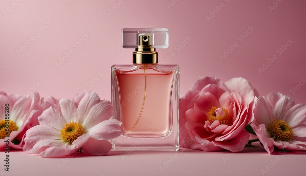 Beautiful perfume bottle surrounded by pink flowers Beautiful perfume bottle surrounded by pink flowers