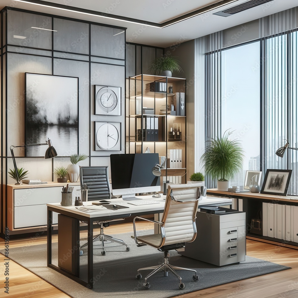 Manager's workplace in a modern office in a new building equipped with modern furniture, desk, computer, window and a large picture on the wall - AI picture