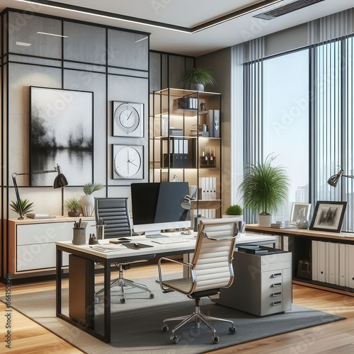Obraz na płótnie Manager's workplace in a modern office in a new building equipped with modern furniture, desk, computer, window and a large picture on the wall - AI picture w salonie