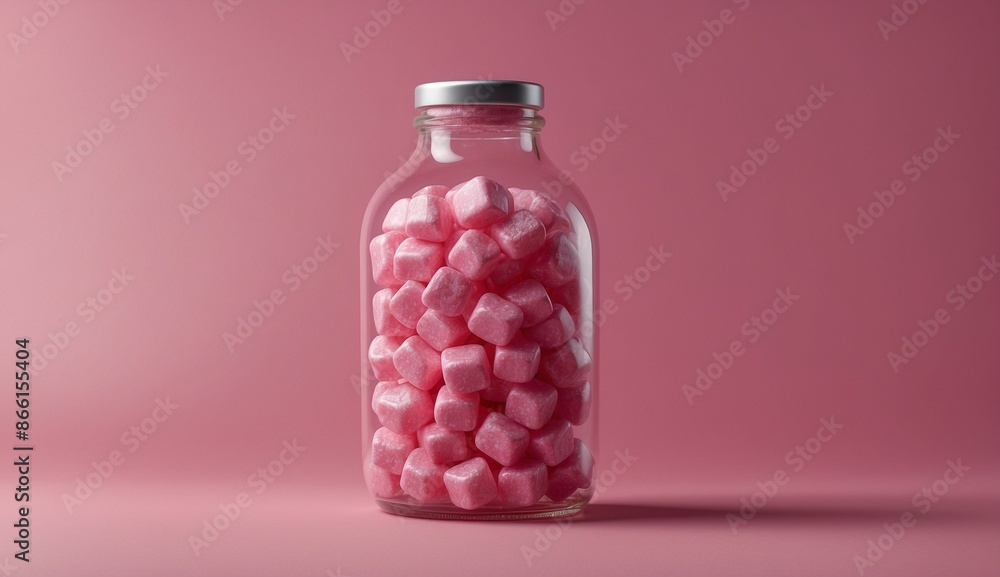 Jar full of pink square candies against pink background. Jar full of pink square candies against pink background.