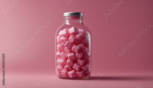 Jar full of pink square candies against pink background. photo
