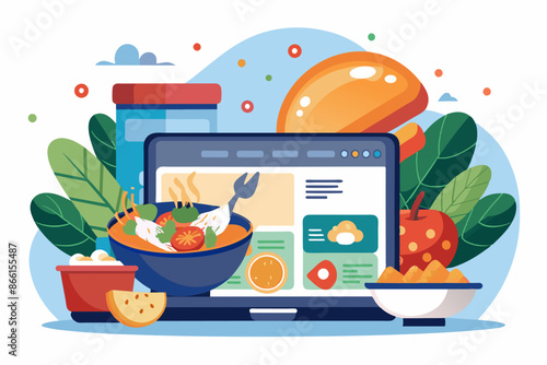 A laptop on a table, surrounded by bowls of food and vegetables. A laptop computer is displayed in the midst of various bowls of food and vegetables, creating a vibrant and inviting scene