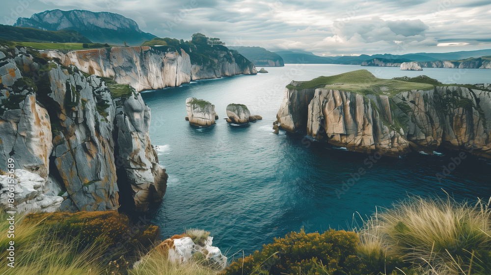 Naklejka premium Picturesque seaside cliffs overlooking the ocean, where sheer rocks rise above the water, creating a spectacular view.