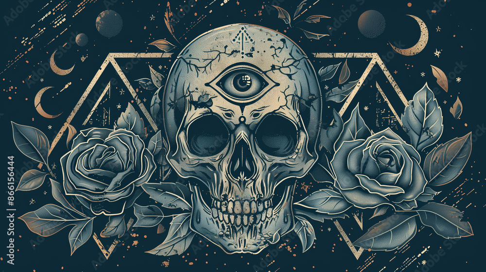 An arrangement of occult symbols in the dotwork technique. The abstract composition features a skull, leaves and a sacred triangle with an eye, all in a retro flat lay style. An arrangement of occult symbols in the dotwork technique. The abstract composition features a skull, leaves and a sacred triangle with an eye, all in a retro flat lay style.