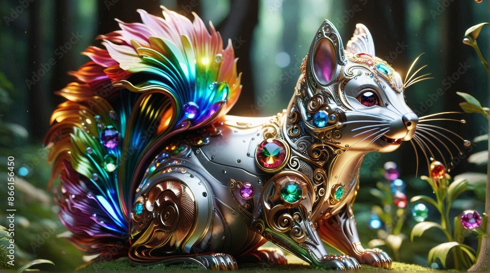 Gem-Studded Mechanical Squirrel in Forest Gem-Studded Mechanical Squirrel in Forest
