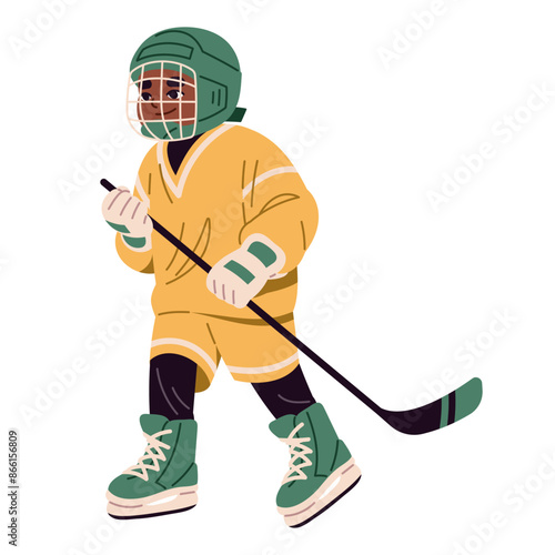 Child hockey player holds stick in hands. Cute kid in helmet skating, rides on ice, training for match. Happy little boy plays winter sports game. Flat isolated vector illustration on white background