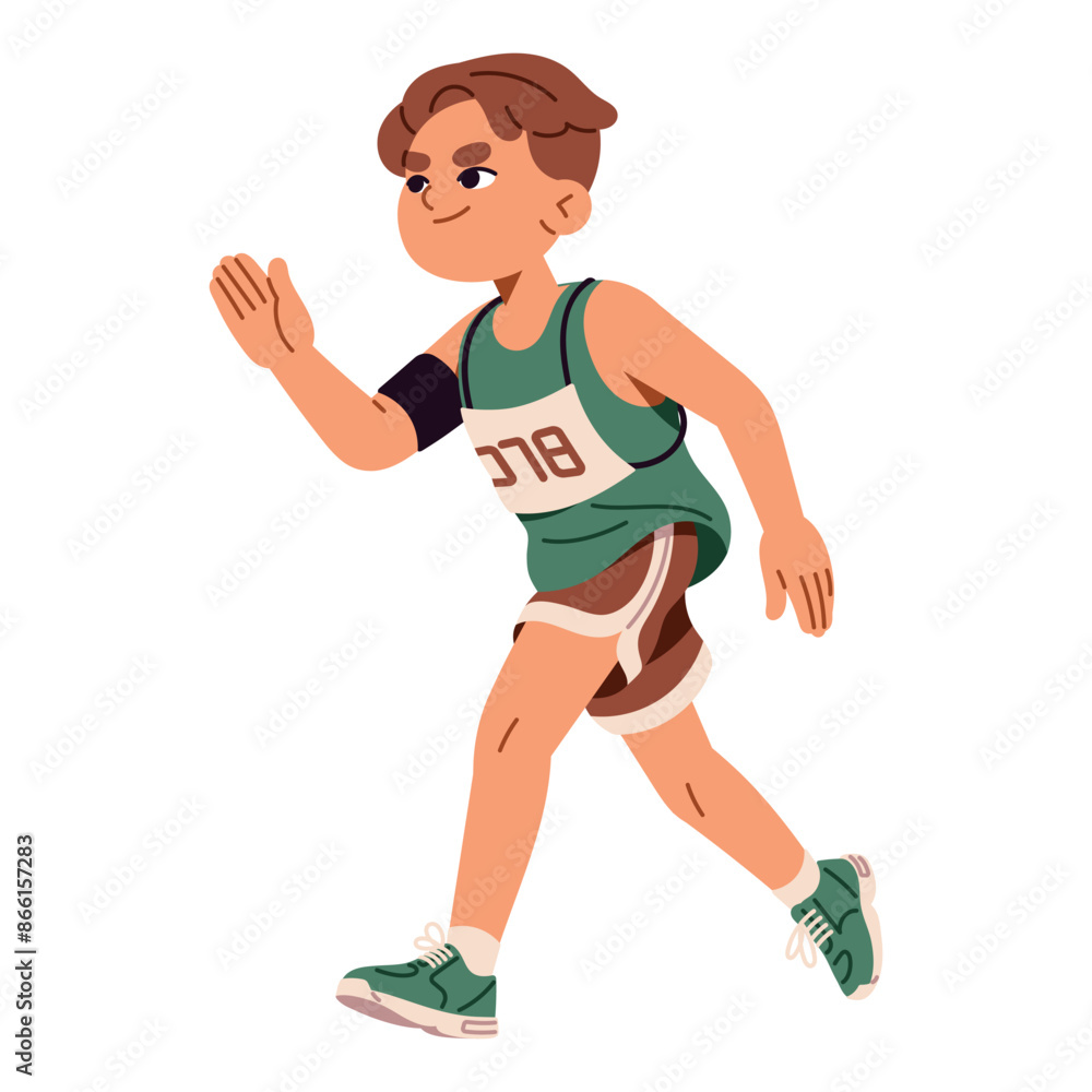 Cute little boy in sportswear running fast on sprint. Happy child jogging on marathon. Kid runner, jogger rushing to finish. Sport training. Flat isolated vector illustration on white background Cute little boy in sportswear running fast on sprint. Happy child jogging on marathon. Kid runner, jogger rushing to finish. Sport training. Flat isolated vector illustration on white background