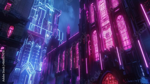 Neon-Lit Gothic Architecture in a Futuristic City