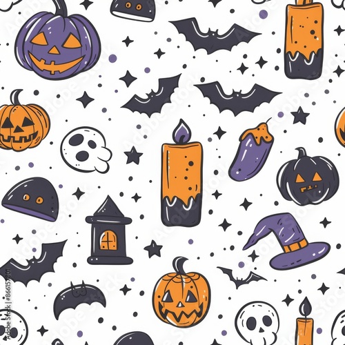 Halloween Seamless Pattern. Spooky Pumpkins, Bats, and Candles on White Background