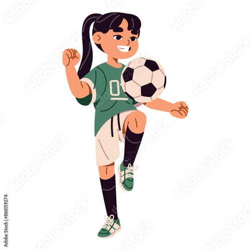 Cute child plays football, field team game. Happy kid hits ball with her knee, shows sports tricks. Little girl soccer player in uniform training. Flat isolated vector illustration on white background