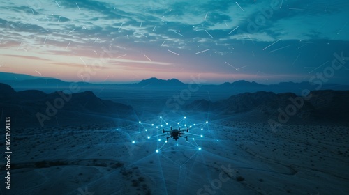 In the twilight desert, a network distribution in blue hues unfolds with a military unmanned drone concept, showcasing AI video streaming from above. AI generative