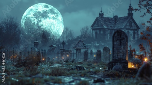 Spooky graveyard bathed in eerie moonlight with haunted house and tombstones. Concept for Halloween, horror, death, and the supernatural photo