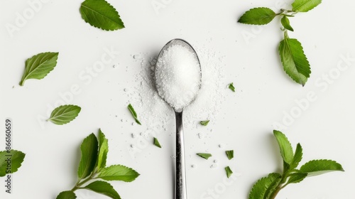 A creative stock image featuring a spoon filled with stevia, with free space for text. AI generative