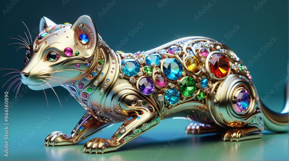 Jewel-Encrusted Mechanical Weasel in Mystical Forest Jewel-Encrusted Mechanical Weasel in Mystical Forest