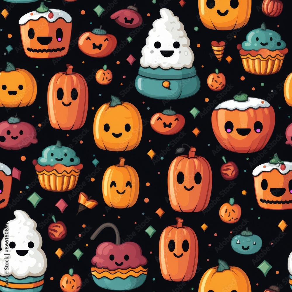 Cute Halloween Pattern. Seamless design with pumpkins, ghosts, and treats on black background. Ideal for spooky and fun holiday designs. Cute Halloween Pattern. Seamless design with pumpkins, ghosts, and treats on black background. Ideal for spooky and fun holiday designs.