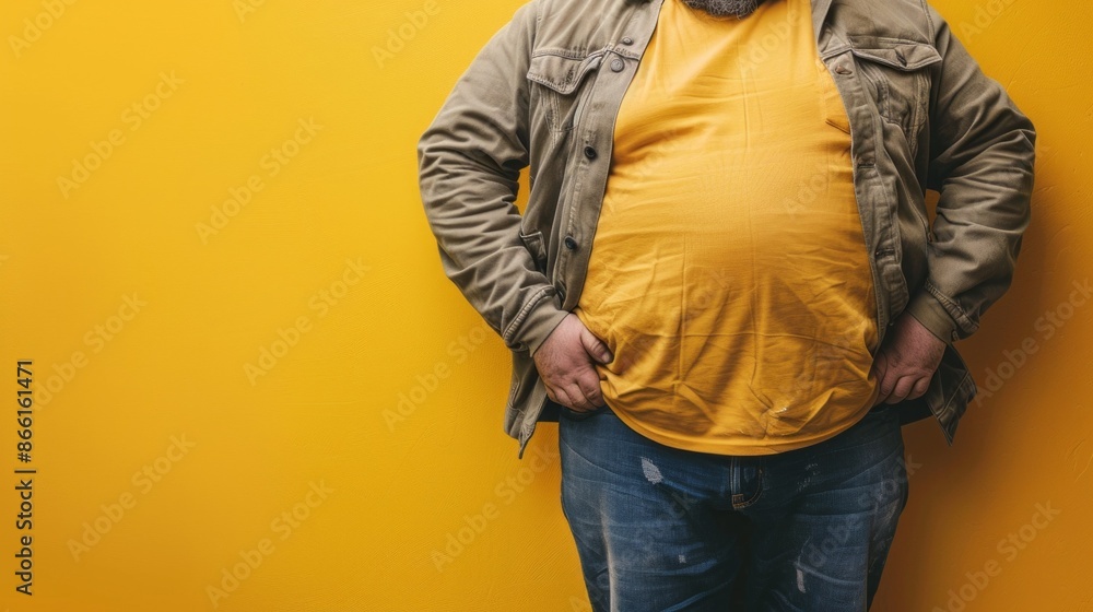 Overweight Man Standing Against a Yellow Wall