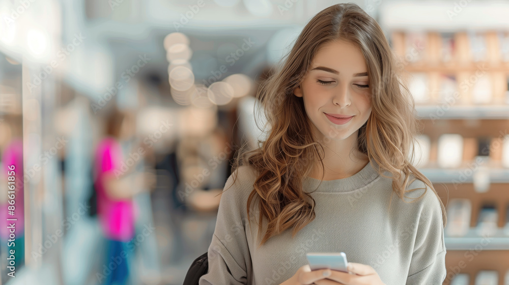 charming woman reading her cellphone and smile sitting at a cellphone store charming woman reading her cellphone and smile sitting at a cellphone store
