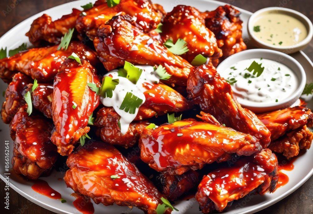 delicious spicy hot wings creamy ranch sauce plate, fiery, crisp, chicken, appetizer, snack, meal, tasty, fried, buffalo, flavor, meat, cooked, golden, dish delicious spicy hot wings creamy ranch sauce plate, fiery, crisp, chicken, appetizer, snack, meal, tasty, fried, buffalo, flavor, meat, cooked, golden, dish