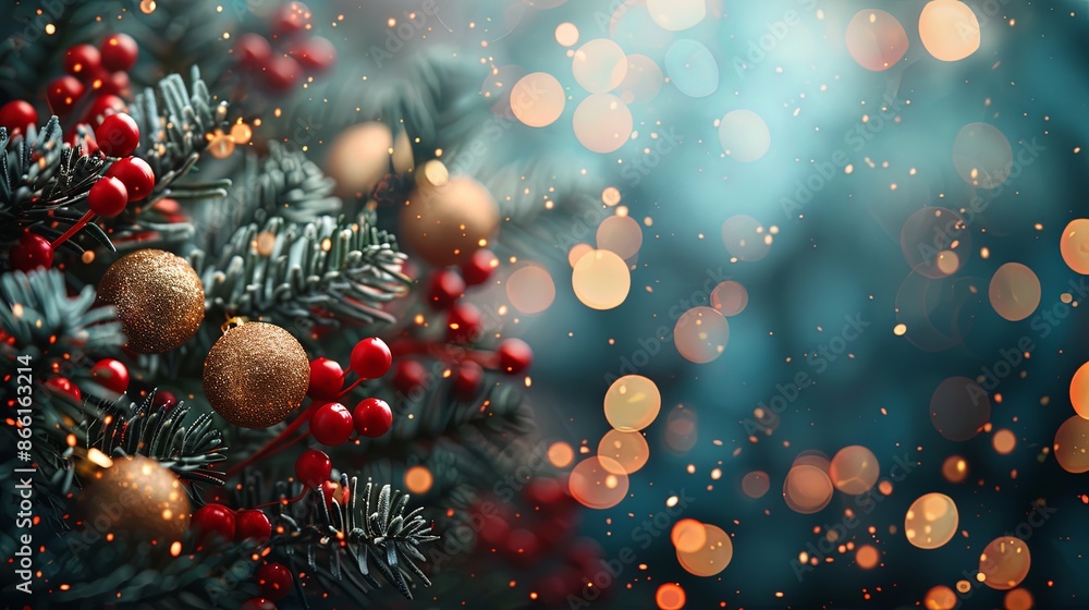 Elegant Christmas decorations featuring red berries and gold ornaments on lush green pine branches, creating a charming holiday scene with sparkling bokeh background. Elegant Christmas decorations featuring red berries and gold ornaments on lush green pine branches, creating a charming holiday scene with sparkling bokeh background.