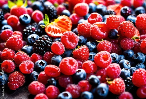 vibrant assortment freshly picked berries natural light, fruit, harvest, juicy, ripe, colorful, organic, healthy, delicious, seasonal, red, blue, purple © Yaraslava