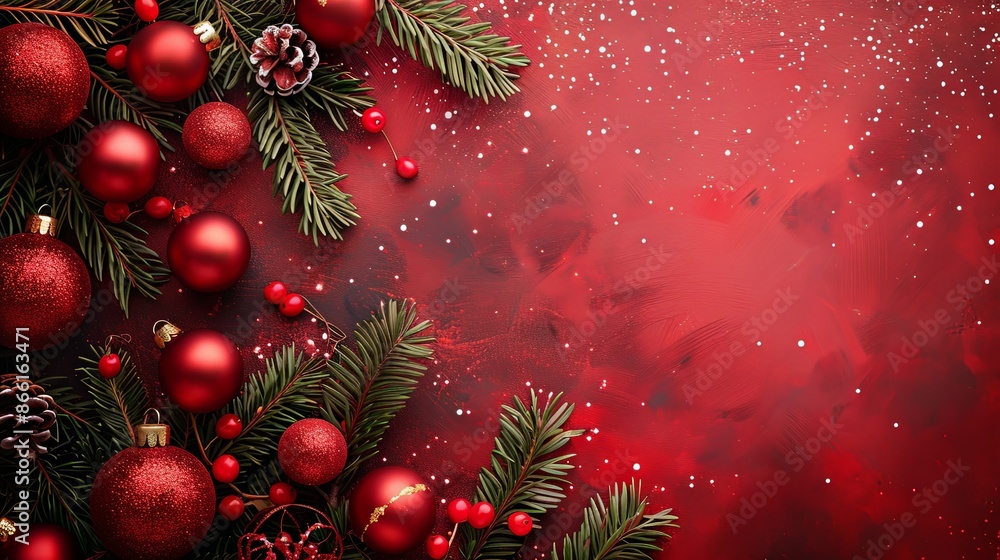 Beautiful festive scene with red Christmas ornaments, pine branches, pinecones and red berries on a vibrant red background, ideal for holiday-themed stock imagery. Beautiful festive scene with red Christmas ornaments, pine branches, pinecones and red berries on a vibrant red background, ideal for holiday-themed stock imagery.