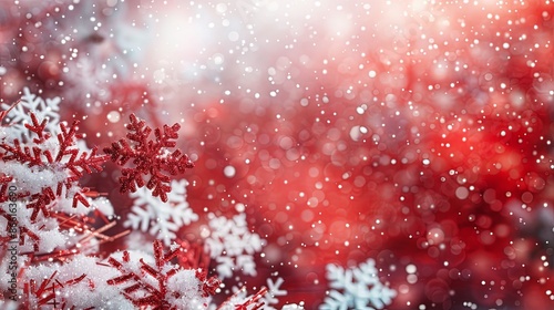 Close-up of red and white Christmas decorations featuring snowflakes, with a glittering background that captures the essence of the festive season and joyful celebrations. photo