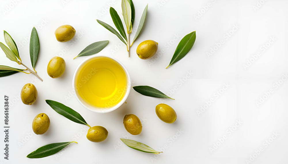 Bowl with olive oil and olives with leaves isolated on white background, top view Bowl with olive oil and olives with leaves isolated on white background, top view