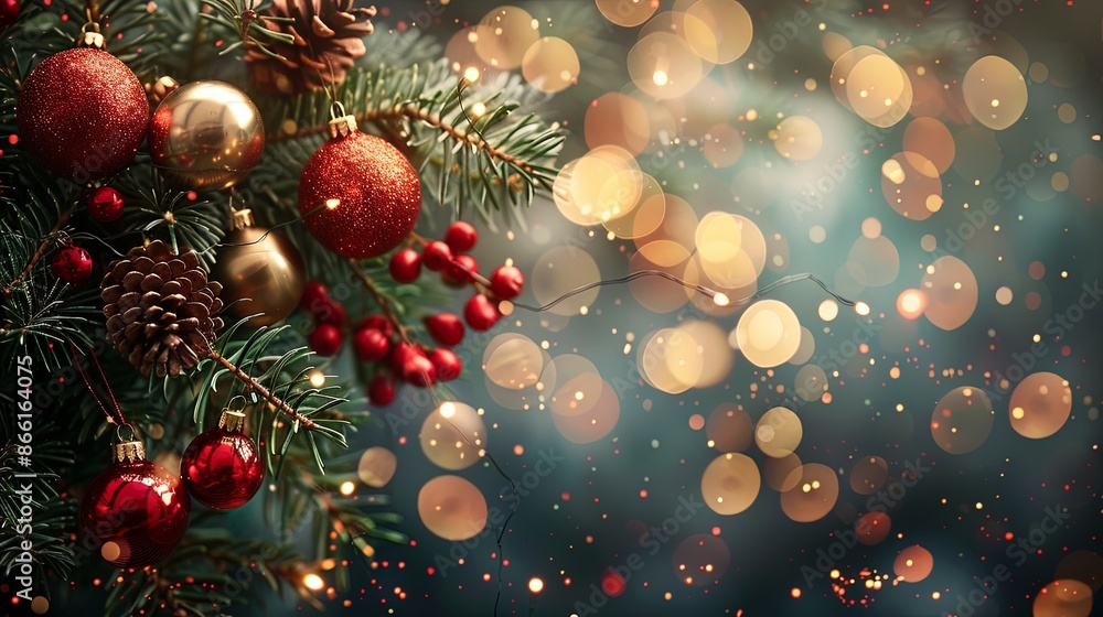 This image showcases festive red and gold ornaments with pine cones on a Christmas tree branch, illuminated by beautiful bokeh lights, representing holiday joy and warmth. This image showcases festive red and gold ornaments with pine cones on a Christmas tree branch, illuminated by beautiful bokeh lights, representing holiday joy and warmth.
