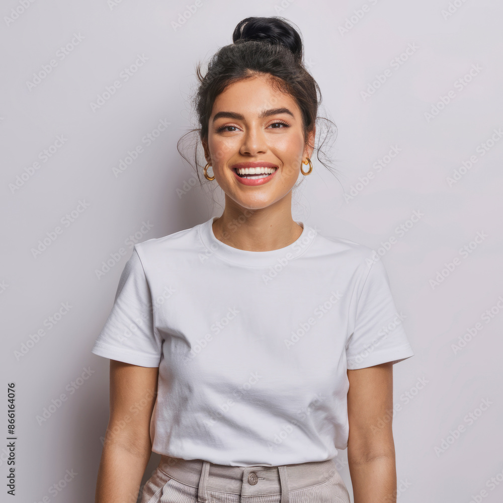 Horizontal shot of Indian woman with dark hair gathered in bun smiles pleasantly being in good mood dressed in casual t shirt and jeans isolated over white background. People and emotions concept Horizontal shot of Indian woman with dark hair gathered in bun smiles pleasantly being in good mood dressed in casual t shirt and jeans isolated over white background. People and emotions concept