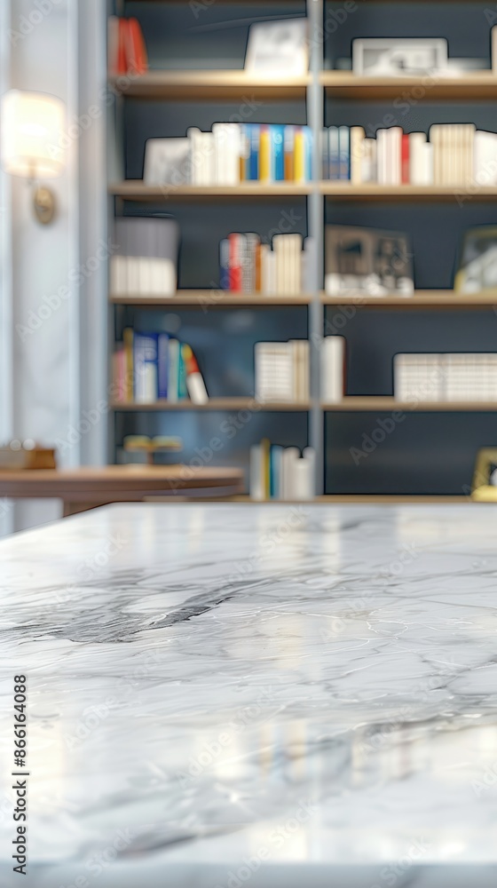 Close-up of a white marble tabletop with a blurred bookshelf in the background Close-up of a white marble tabletop with a blurred bookshelf in the background