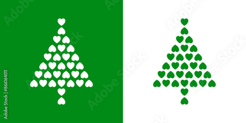 Tiempo de Navidad. Logo con árbol de navidad hecho con corazones para tarjetas y felicitaciones