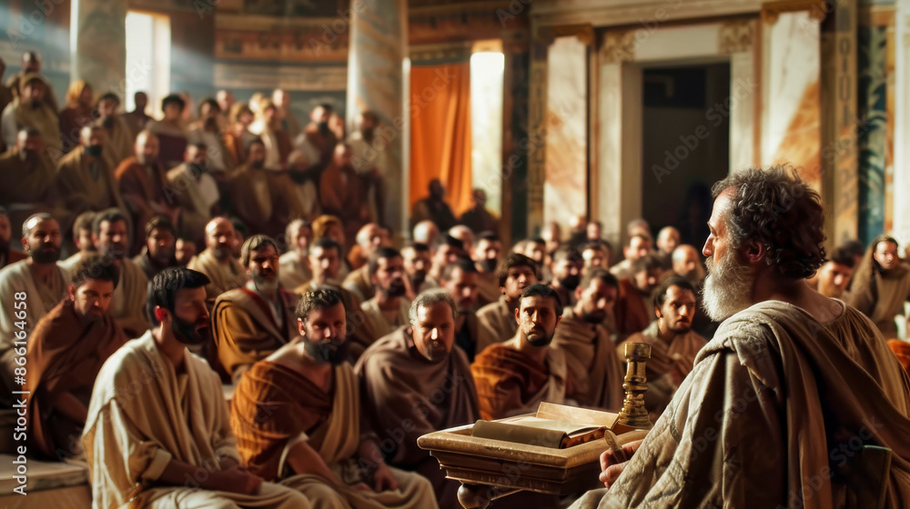 Obraz premium Ancient philosophers speaking to audience in a historical setting