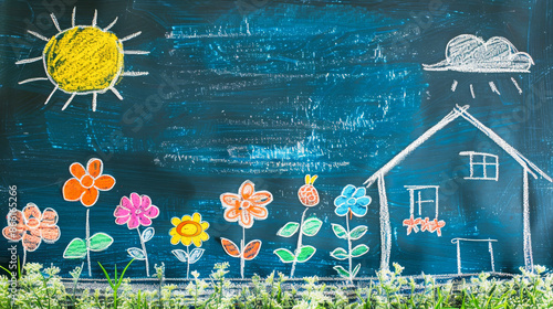 A blackboard with childish colored chalk drawings