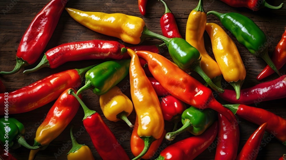 Fiery Fresh Chili Peppers on a Rustic Wooden Surface Fiery Fresh Chili Peppers on a Rustic Wooden Surface