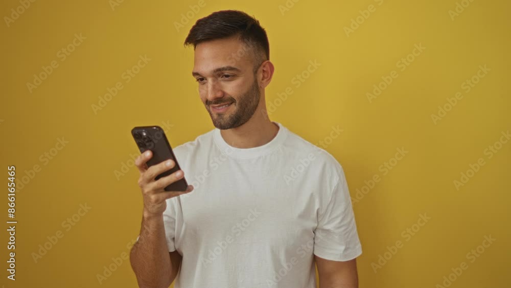 Young hispanic man with open mouth, amazed and scared face over isolated yellow background using smartphone in disbelief Young hispanic man with open mouth, amazed and scared face over isolated yellow background using smartphone in disbelief