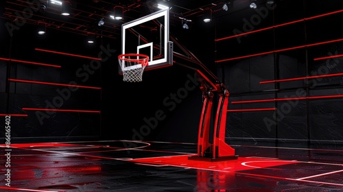 3D Model Of A Vertical Basketball Court Arena With An Empty Hoop, High Quality Background