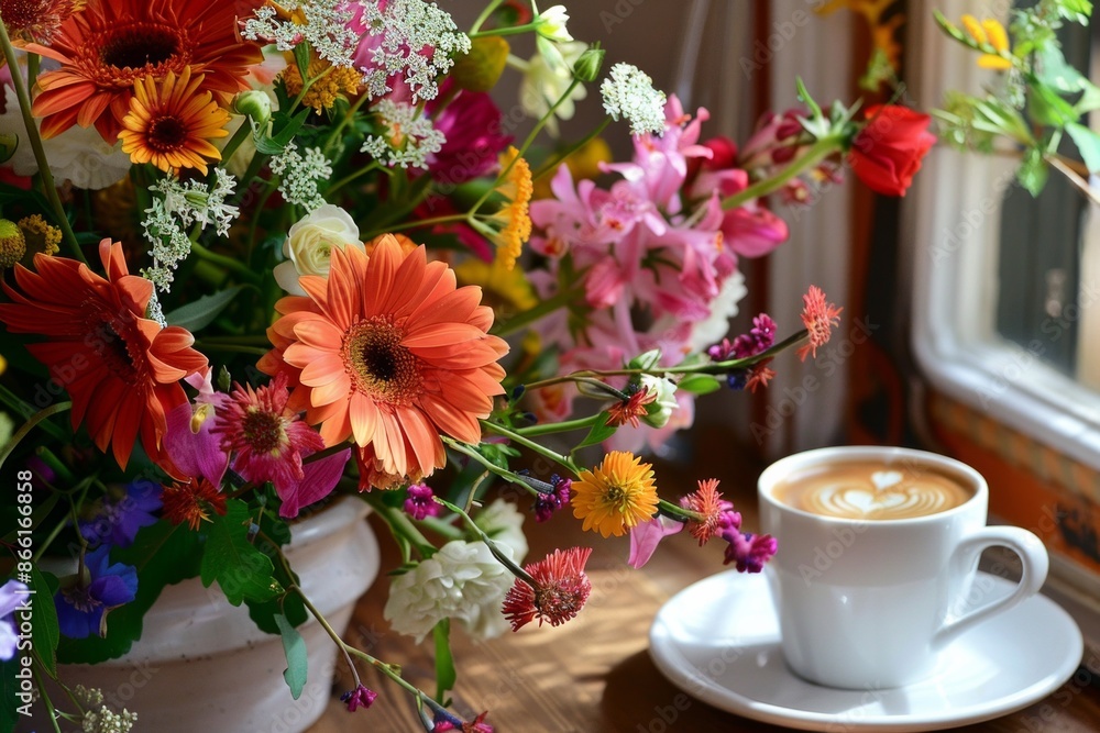 custom made wallpaper toronto digitalA beautiful arrangement of fresh flowers in a vase beside a cup of coffee, creating a vibrant, cheerful scene 