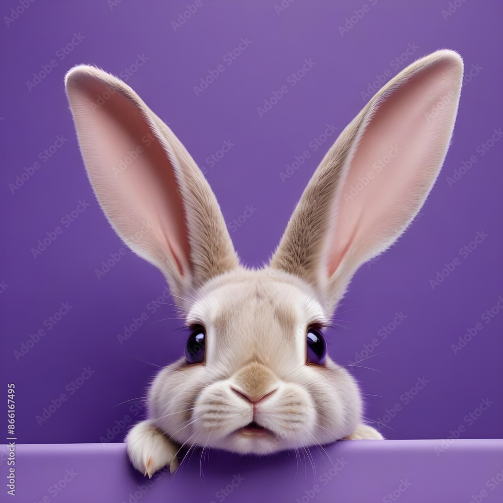 Obraz premium Peeking rabbit on a purple background with copy space