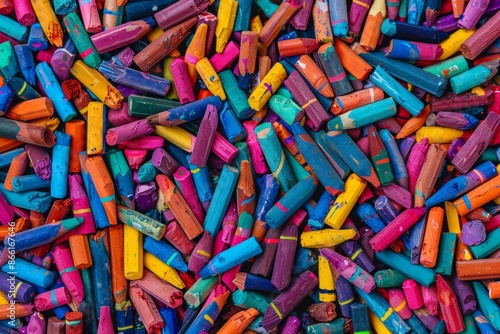 A chaotic yet colorful arrangement of crayons, tightly packed to fill the entire frame. The crayons come in a wide range of vibrant colors, creating a lively and creative background  © grey