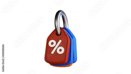 3d animation colorful price tags with a percent sign. suitable for promotions, sales, discounts, retail, and marketing material. alpha channel. 