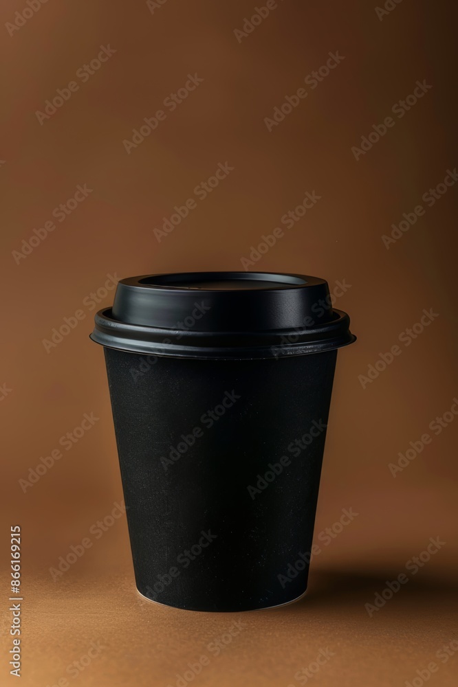 Elegant deep black paper coffee cup with a lid, highlighted by soft lighting Elegant deep black paper coffee cup with a lid, highlighted by soft lighting