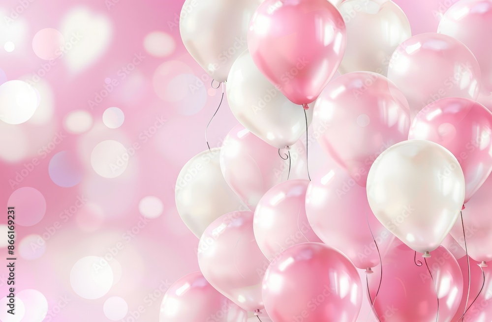 Happy birthday background with pink and white balloons, text "HAPPY ...