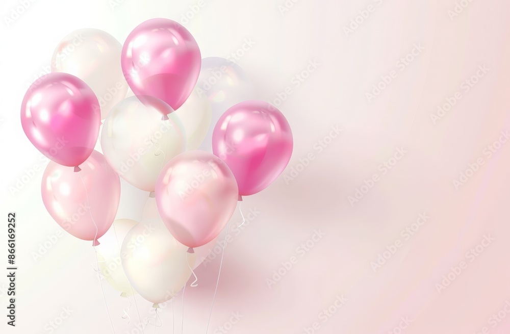 Happy birthday background with pink and white balloons, text "HAPPY ...
